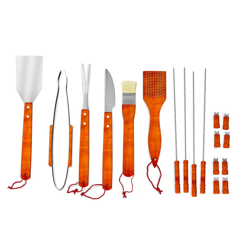 Home-Complete HC-1001 Wood BBQ Grill Tool Set-18 Pc Stainless Steel Barbecue Accessories with Wooden Handles and Case, Spatula, Tongs, Skewers - Image 2
